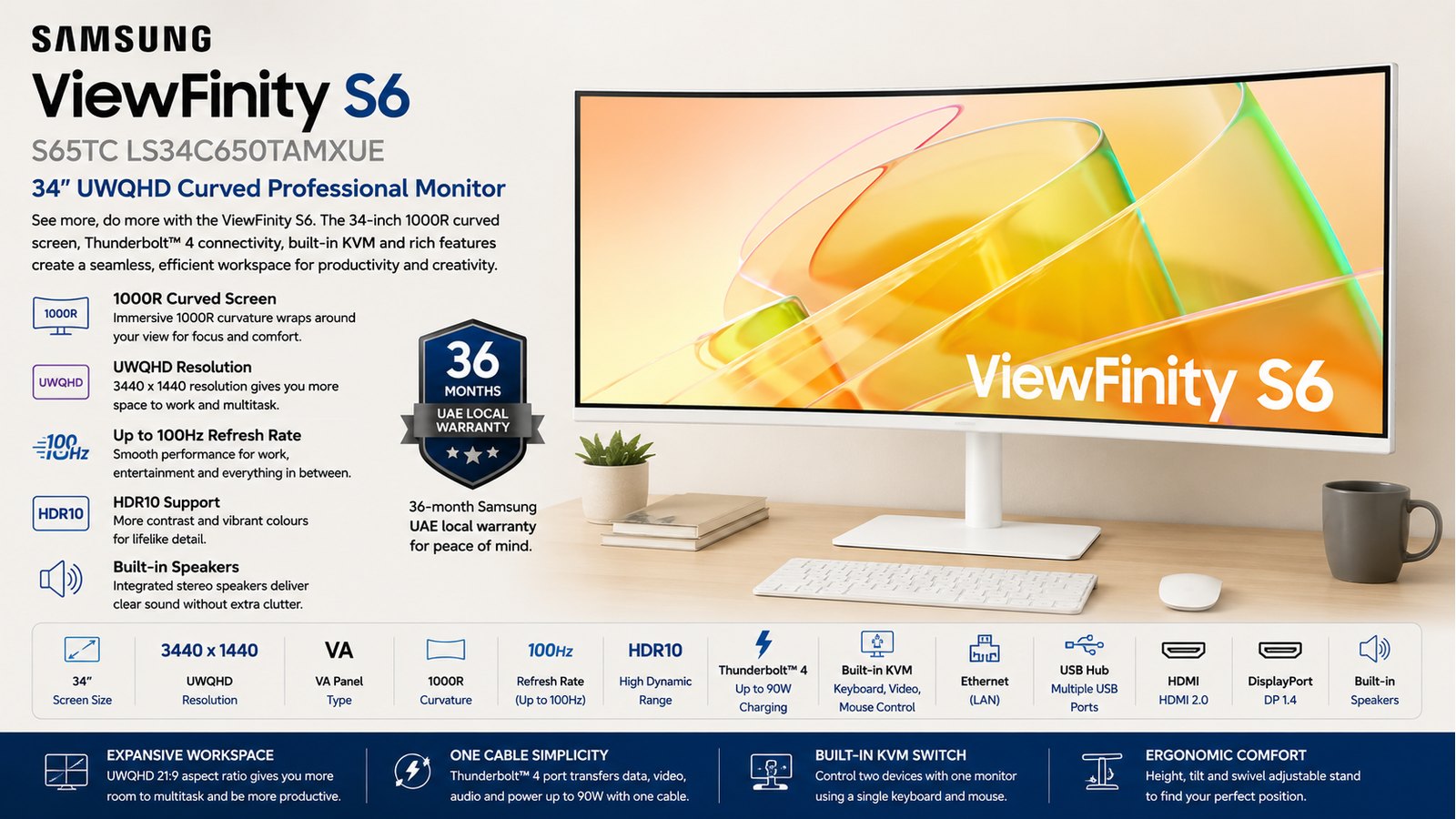 Samsung ViewFinity S6 S65TC LS34C650TAMXUE, 34-inch UWQHD 1000R Curved Monitor, VA, 100Hz, HDR10, Thunderbolt 4 90W, KVM, Ethernet, Built-in Speakers, Warm White, 3-Year Warranty | LS34C650TAMXUE